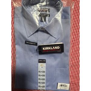 Kirkland Signature Men's Tailored Non Iron Dress Shirt Blue Diagonal 15.5 32 33